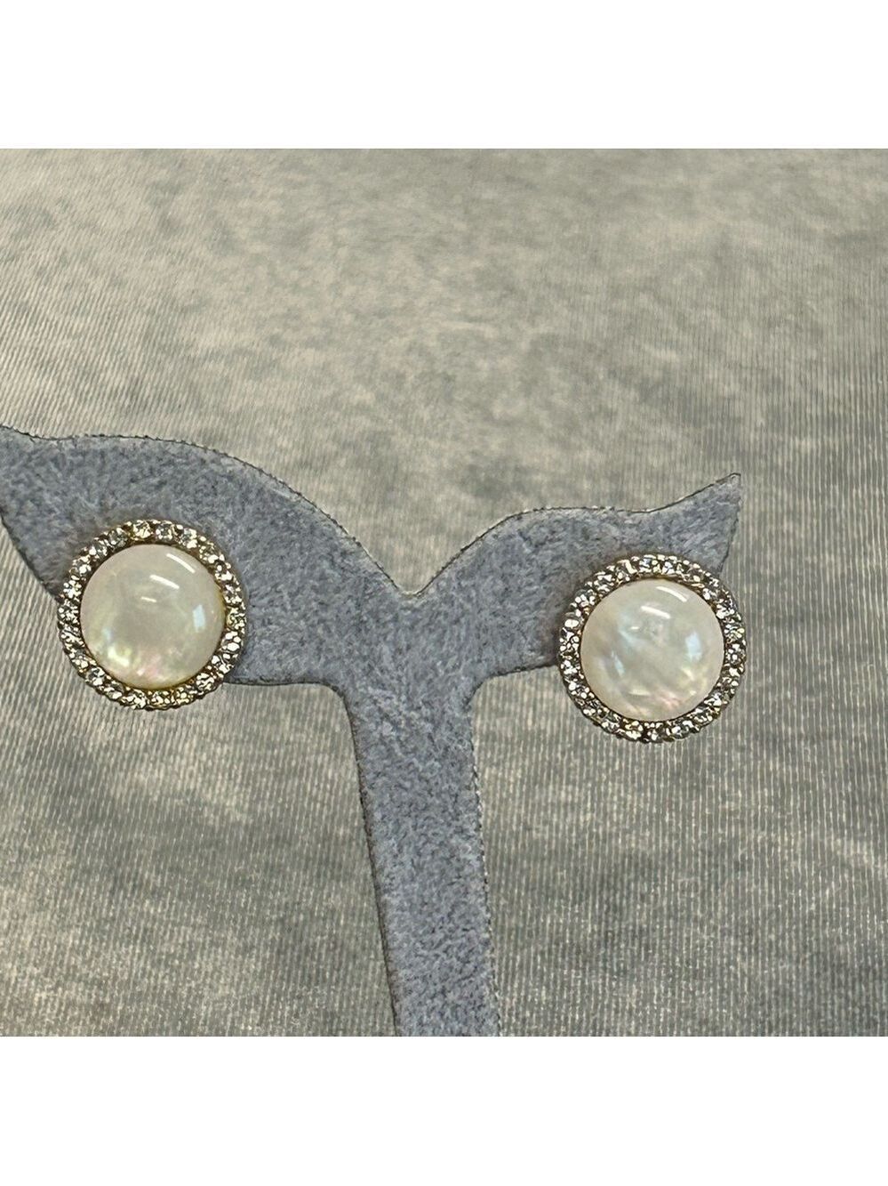 Round circular pearlescent cubic zirconia crystal rhinestone trim stud earrings